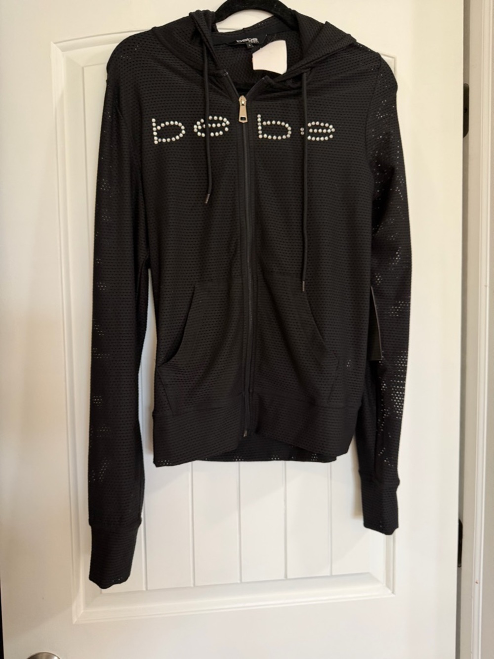 bebe Black Rhinestone Logo Mesh Zip Hoodie